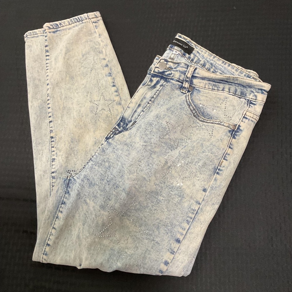 Between Us Jeans Womens 18 Blue Acid Wash Skinny Stretch Star Studded Distressed